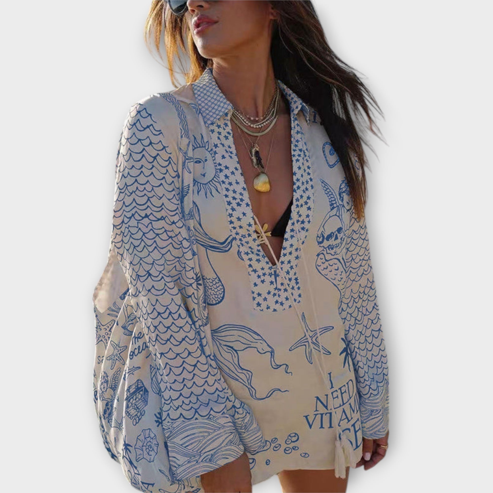Set i satin med blus och shorts med fransar