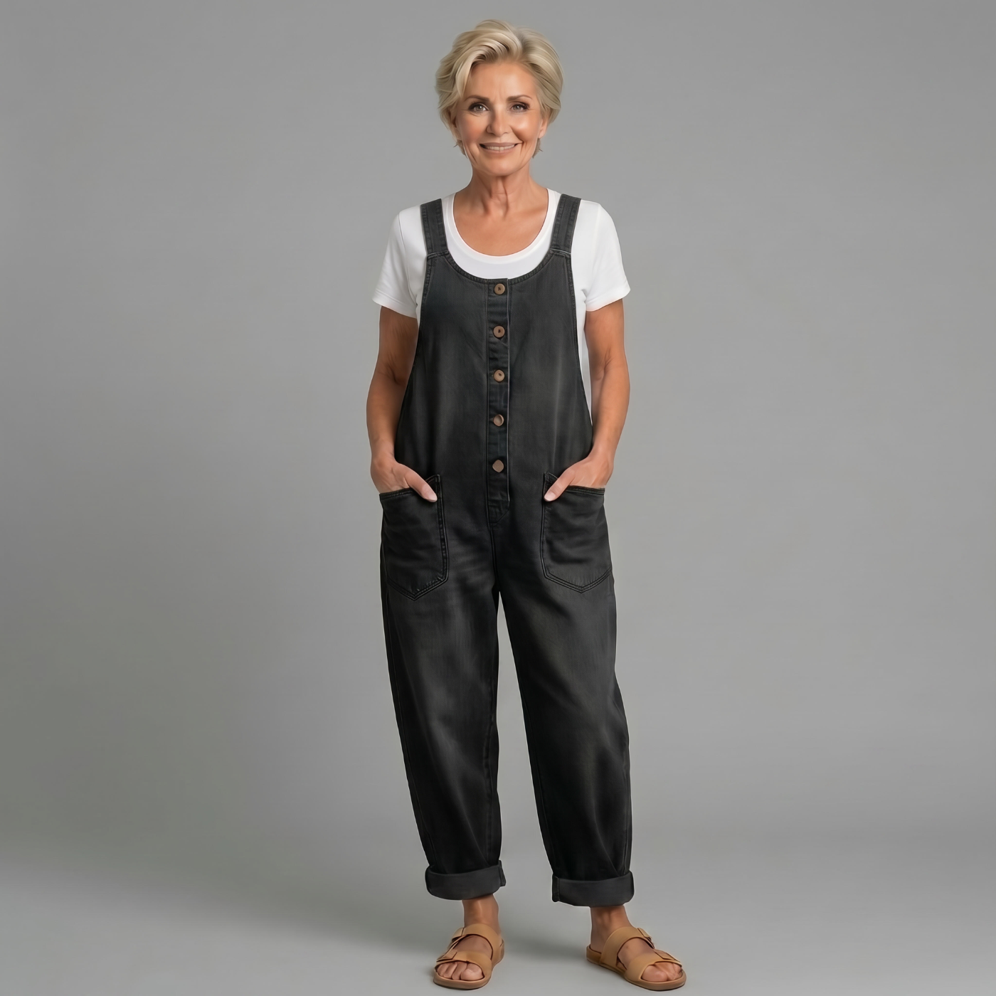 Sara - Vintage Arbetshängselbyxor i Tvättad Denim