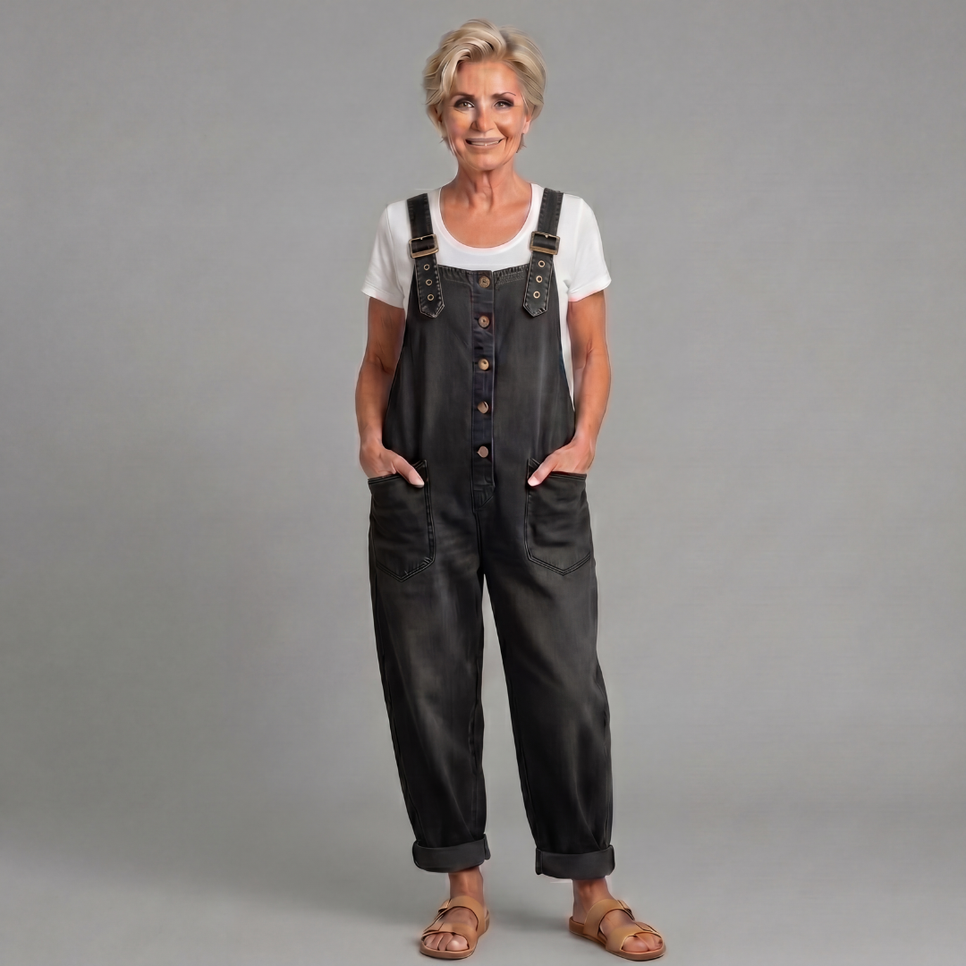 Sara - Vintage Arbetshängselbyxor i Tvättad Denim