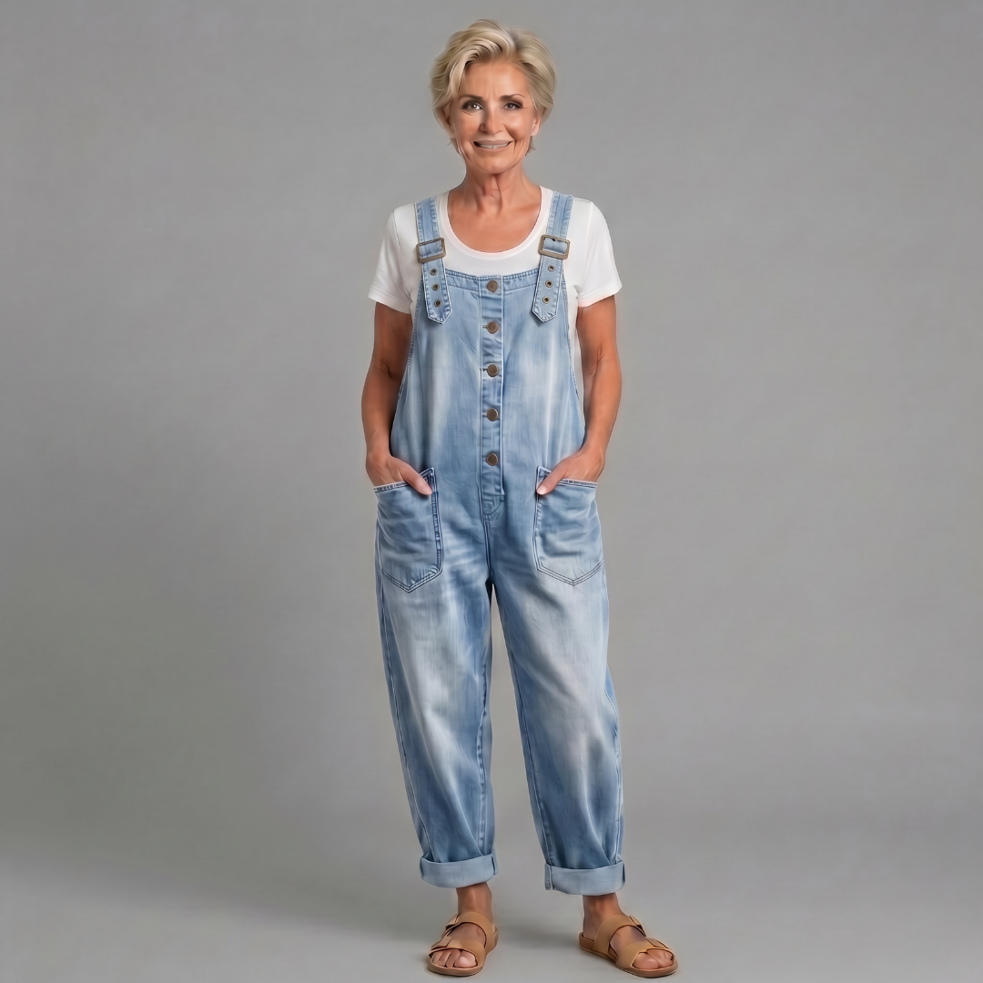 Sara - Vintage Arbetshängselbyxor i Tvättad Denim