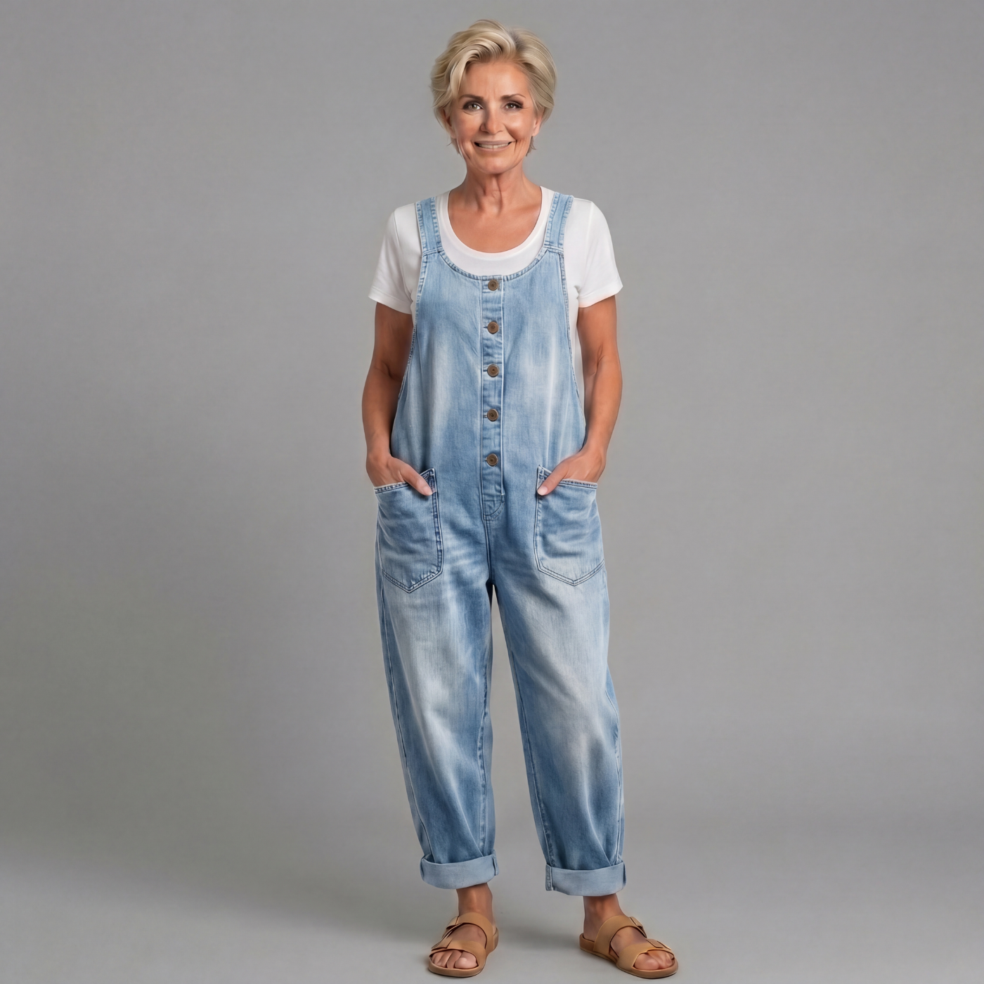 Sara - Vintage Arbetshängselbyxor i Tvättad Denim