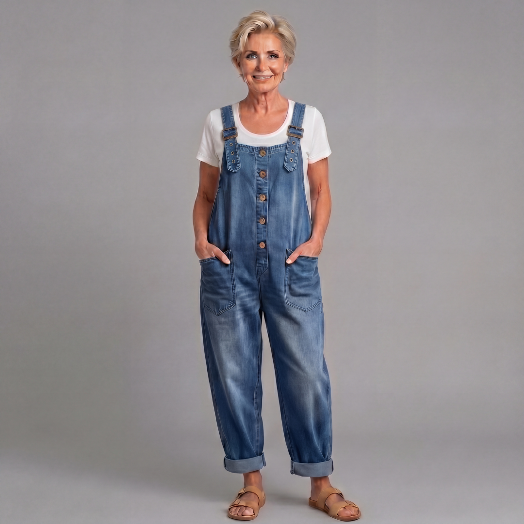 Sara - Vintage Arbetshängselbyxor i Tvättad Denim