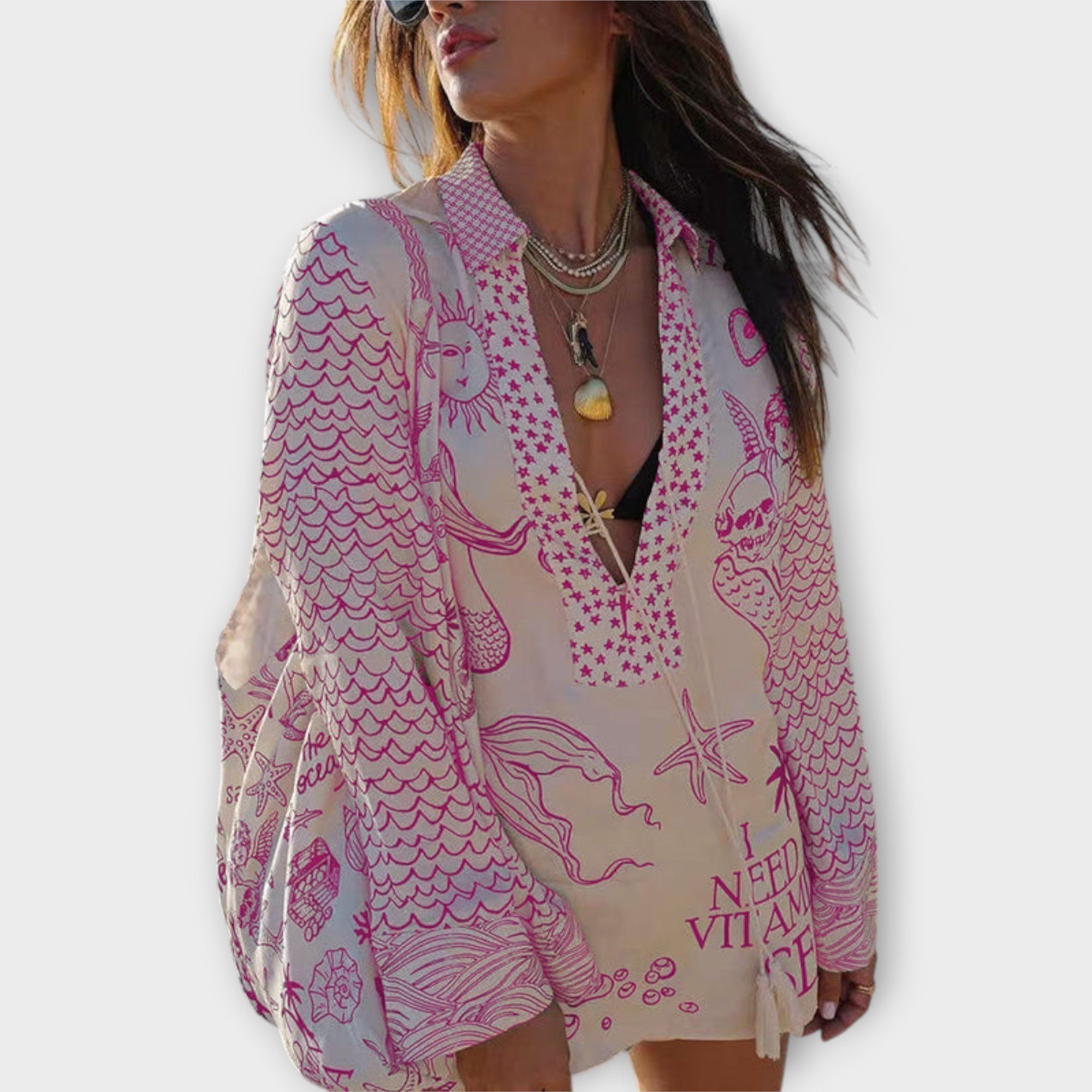Set i satin med blus och shorts med fransar
