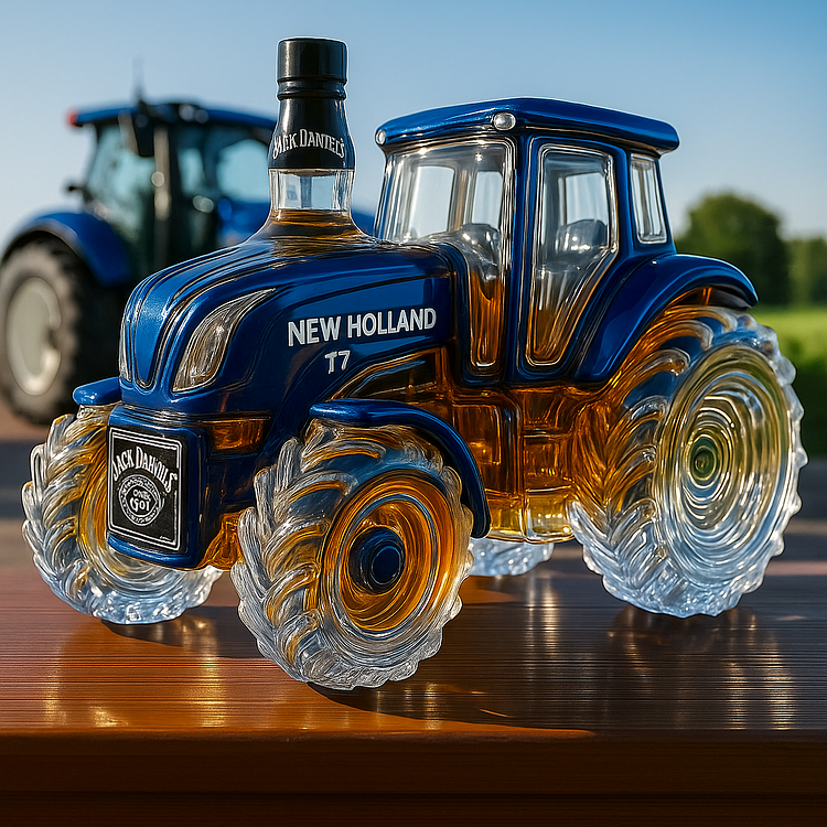 Klassisk whiskyflaska designad som en New Holland T7-traktor