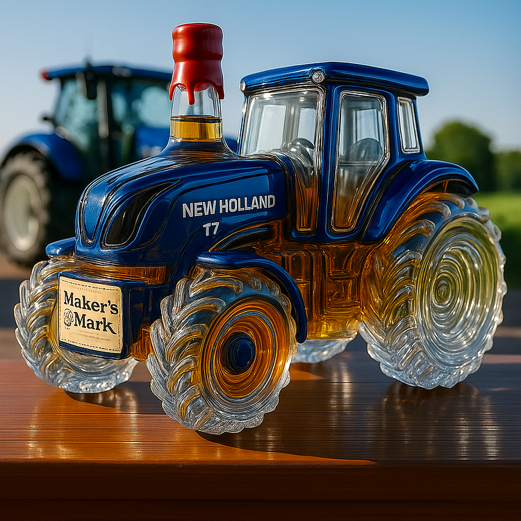 Klassisk whiskyflaska designad som en New Holland T7-traktor