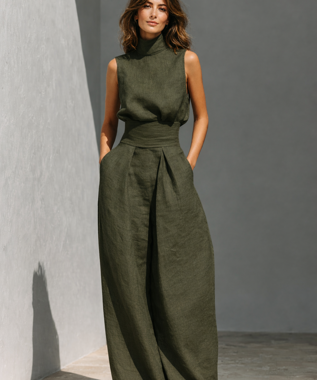 Maria - Kvinnors minimalistiska set med topp och vida byxor i bomull och linne