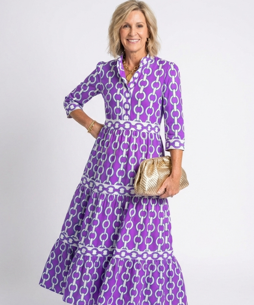 Pauline | Midi Dress with Three-Quarter Sleeves and Chain Pattern