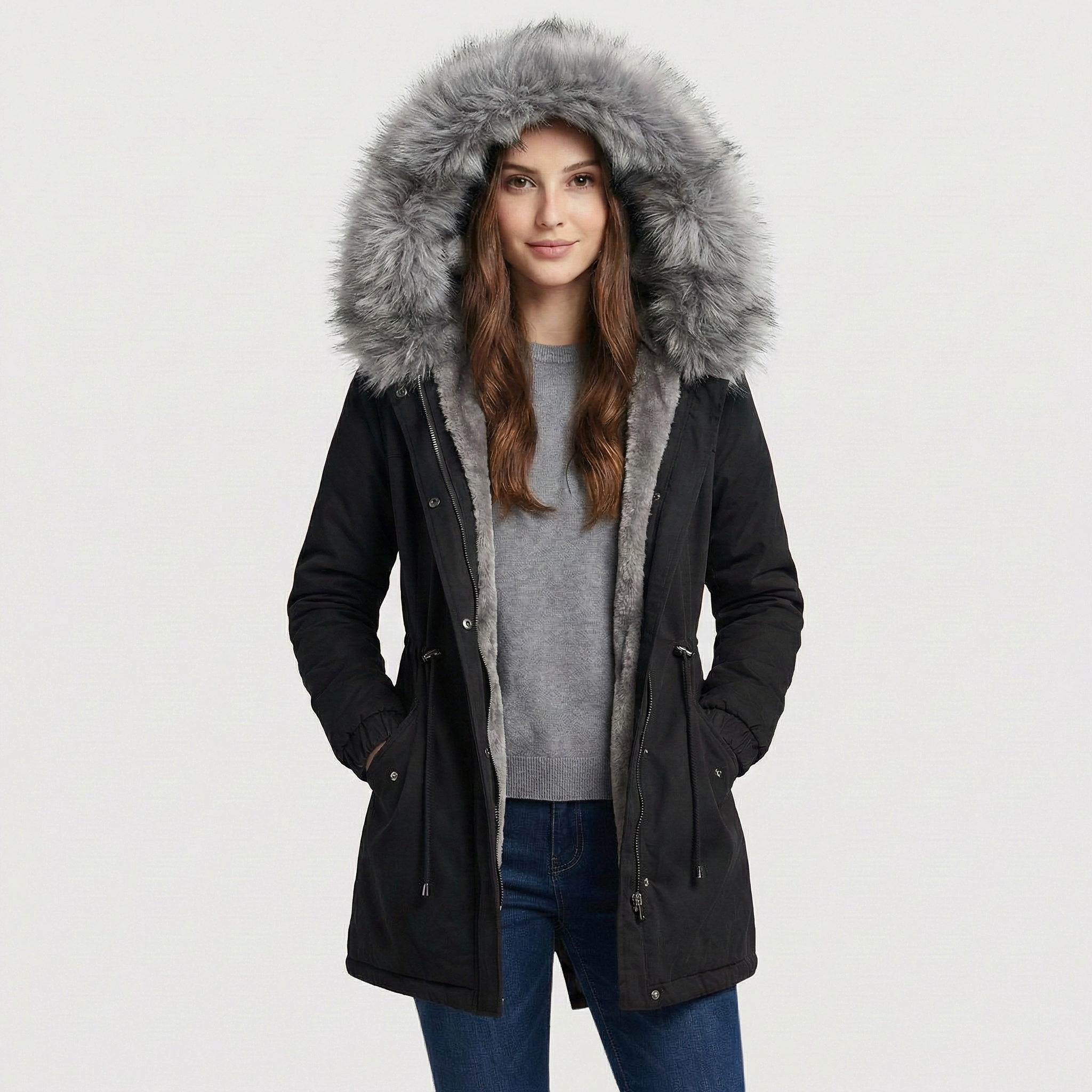 "Parka med pälsdetaljer" can be rewritten as "Parka med pälsprydnader".
