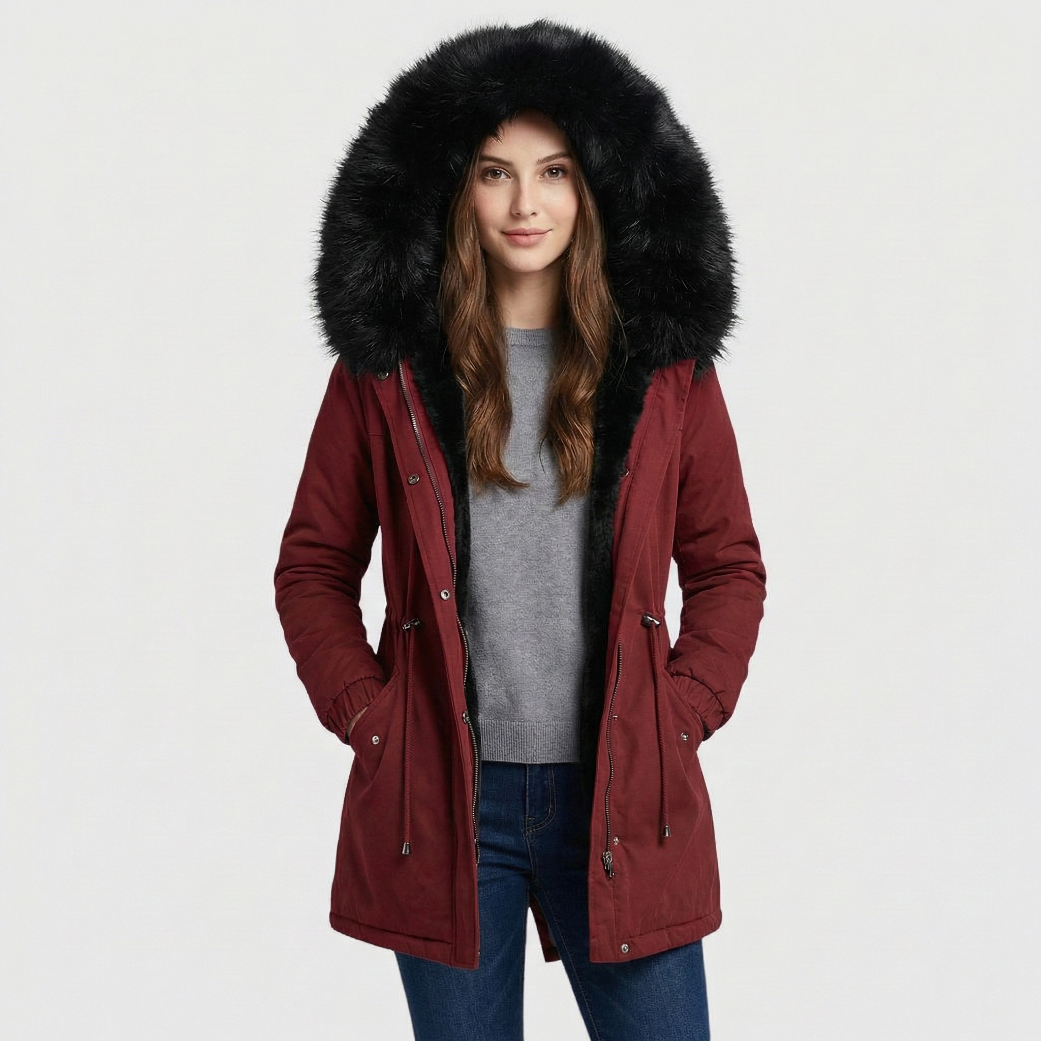 "Parka med pälsdetaljer" can be rewritten as "Parka med pälsprydnader".