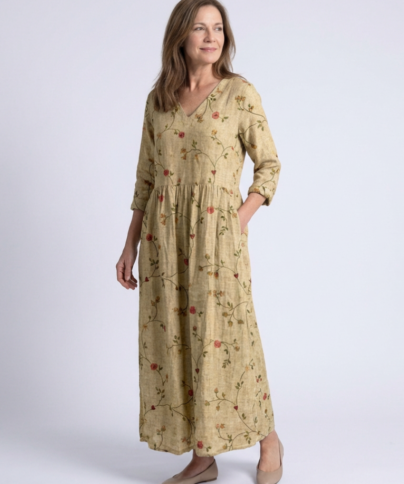 Valérie | Maxi Dress with Floral Print, V-Neck, and Three-Quarter Sleeves