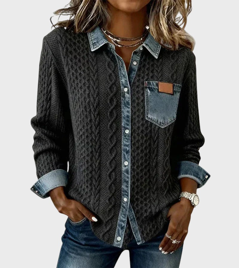 Stickad cardigan med deniminslag