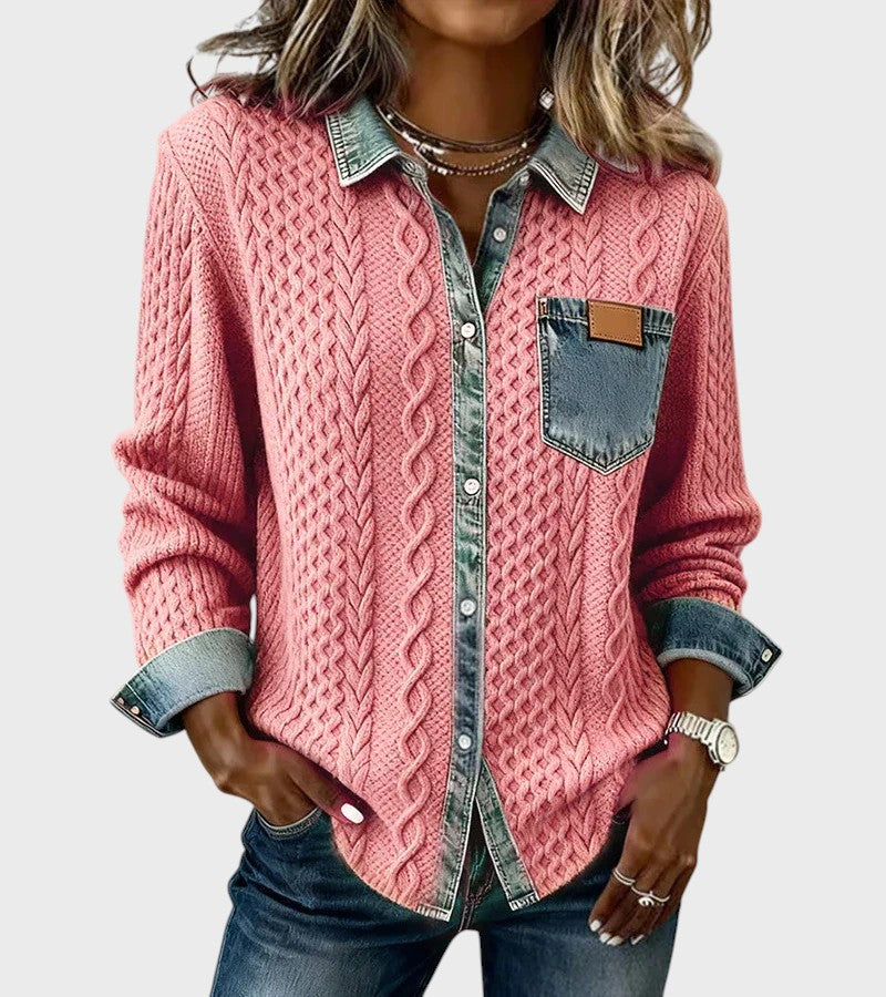 Stickad cardigan med deniminslag