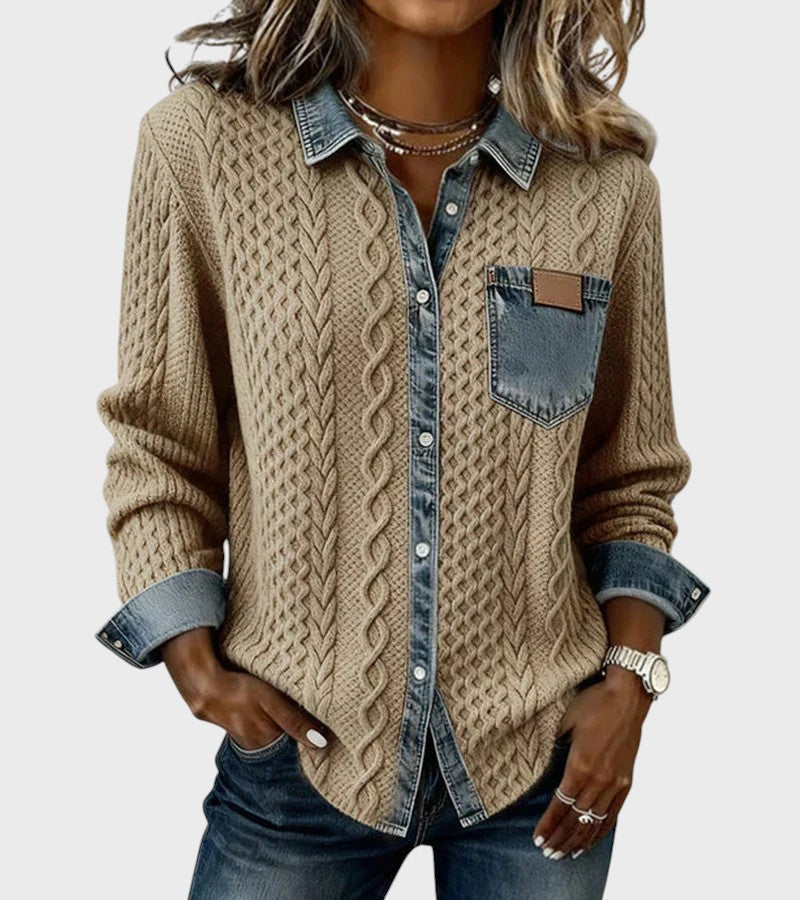Stickad cardigan med deniminslag