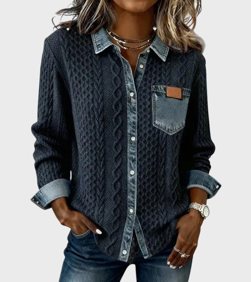 Stickad cardigan med deniminslag
