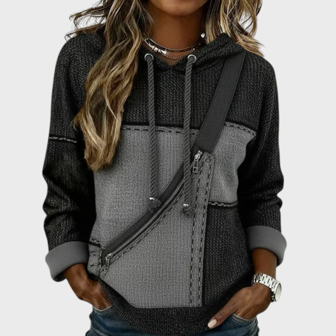 Stickad hoodie med kontrasterande mönster