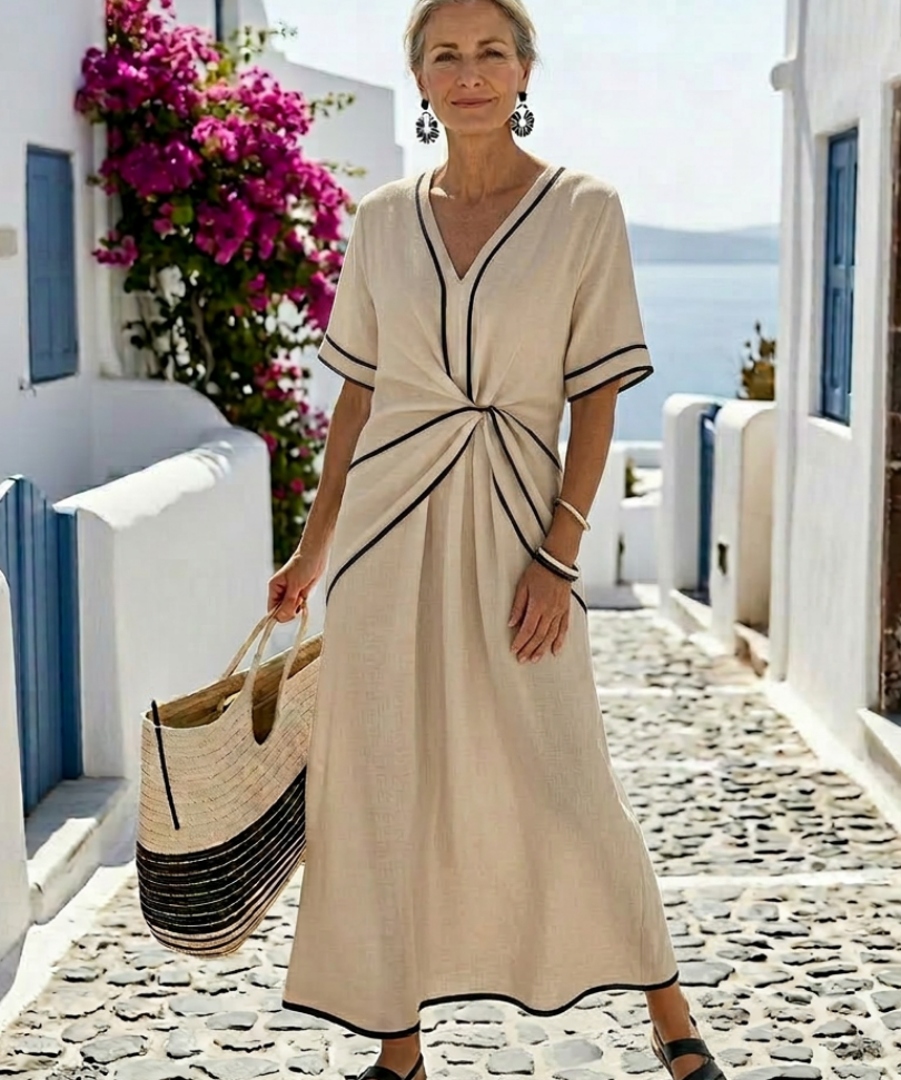 Auriane | Midi Dress with V-Neck and Ruched Waist