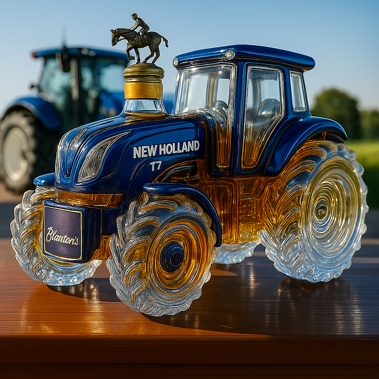 Klassisk whiskyflaska designad som en New Holland T7-traktor