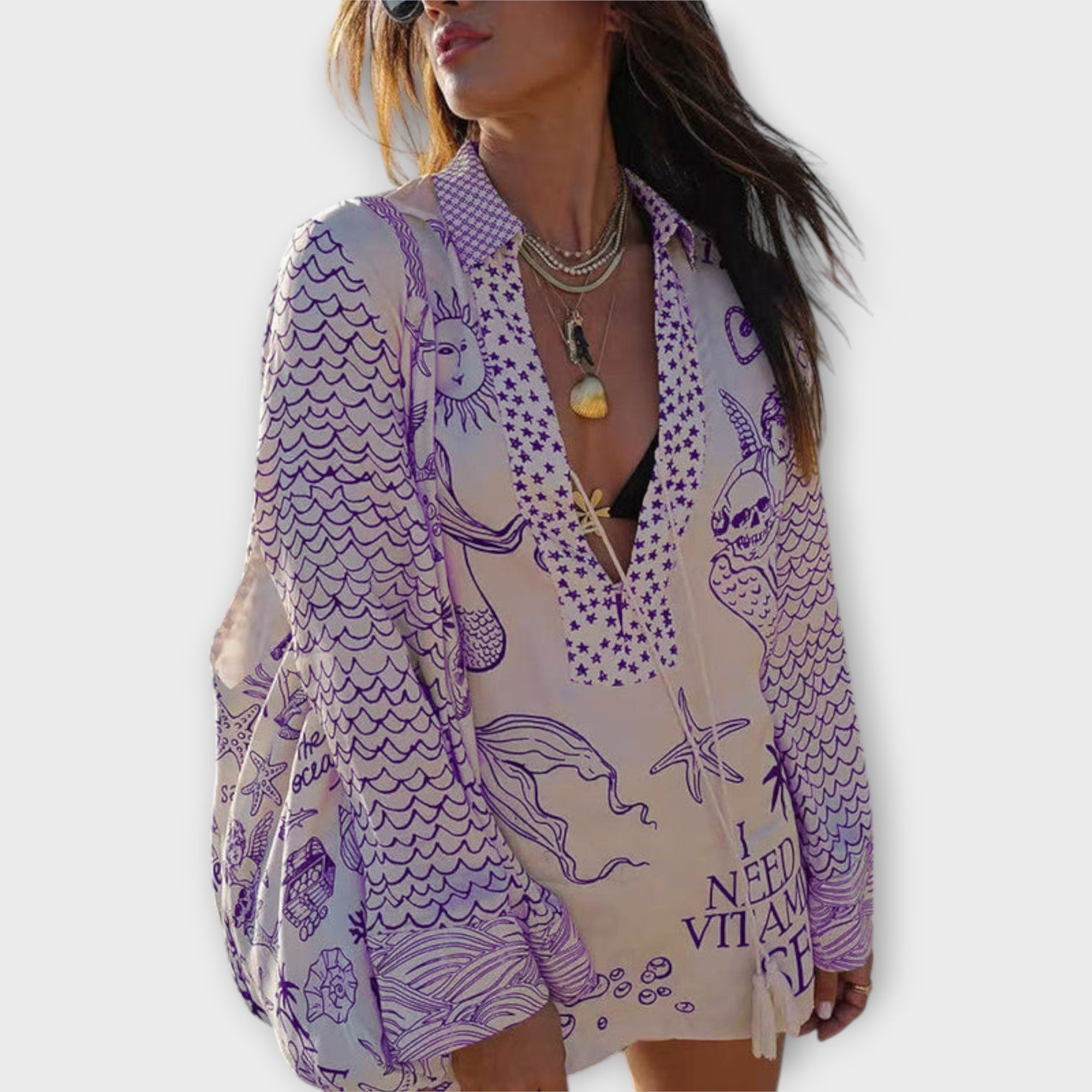 Set i satin med blus och shorts med fransar