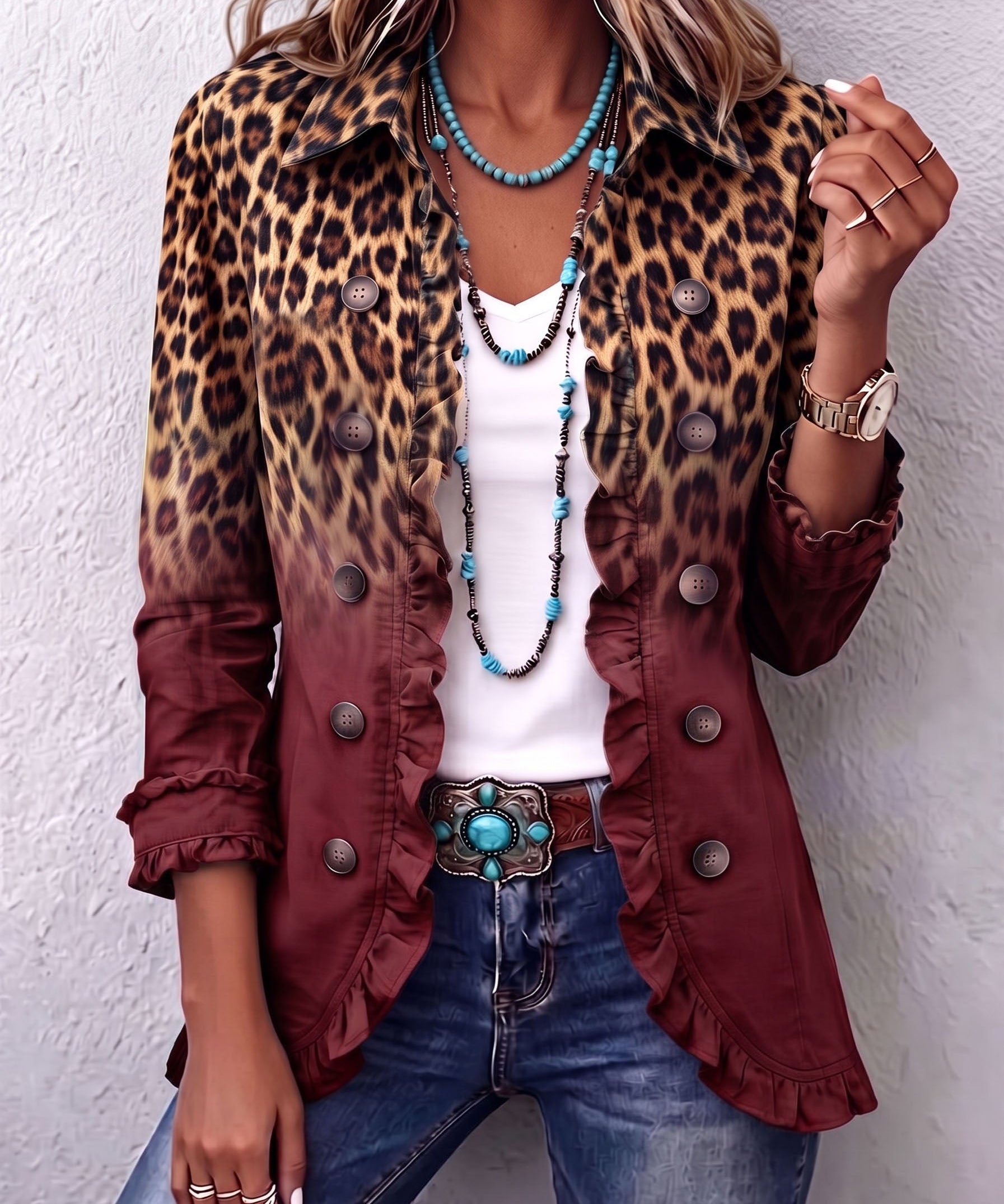 Beatrice | Blazer Leopard Ombre med Volanger