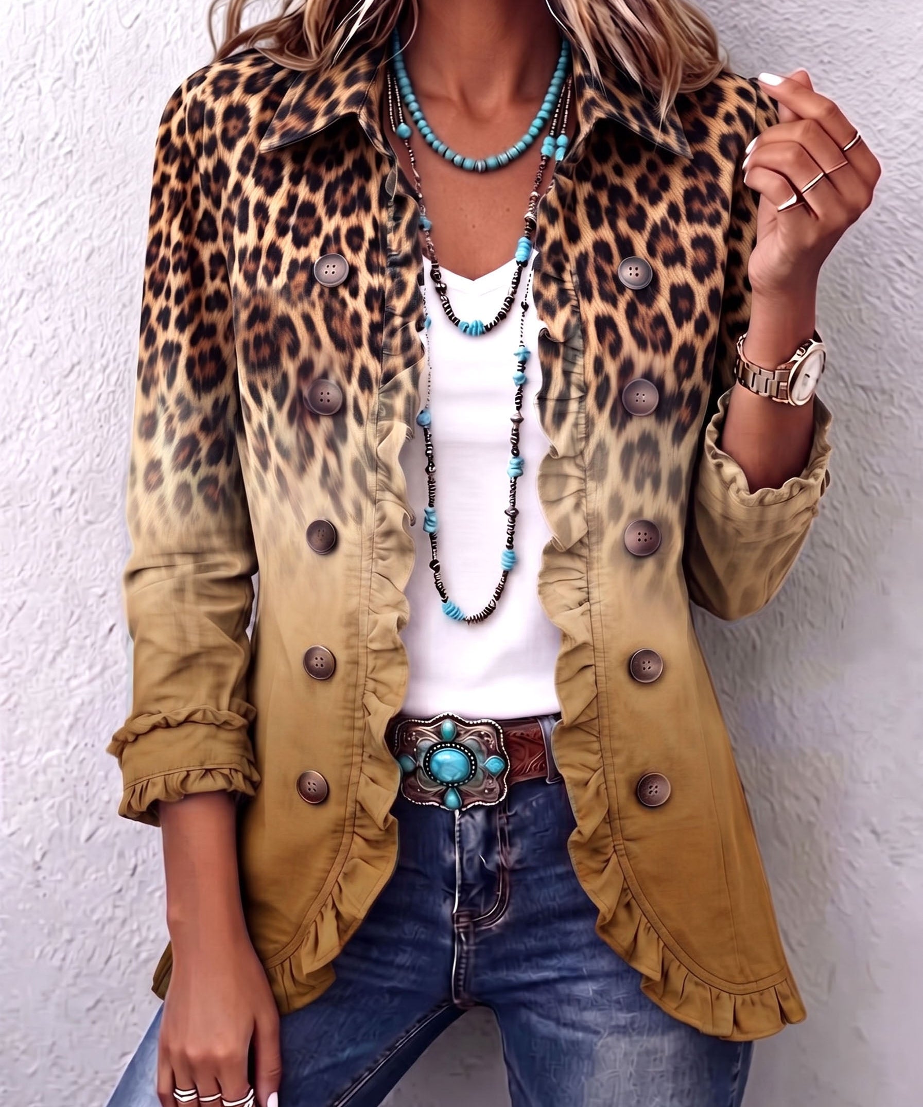 Beatrice | Blazer Leopard Ombre med Volanger